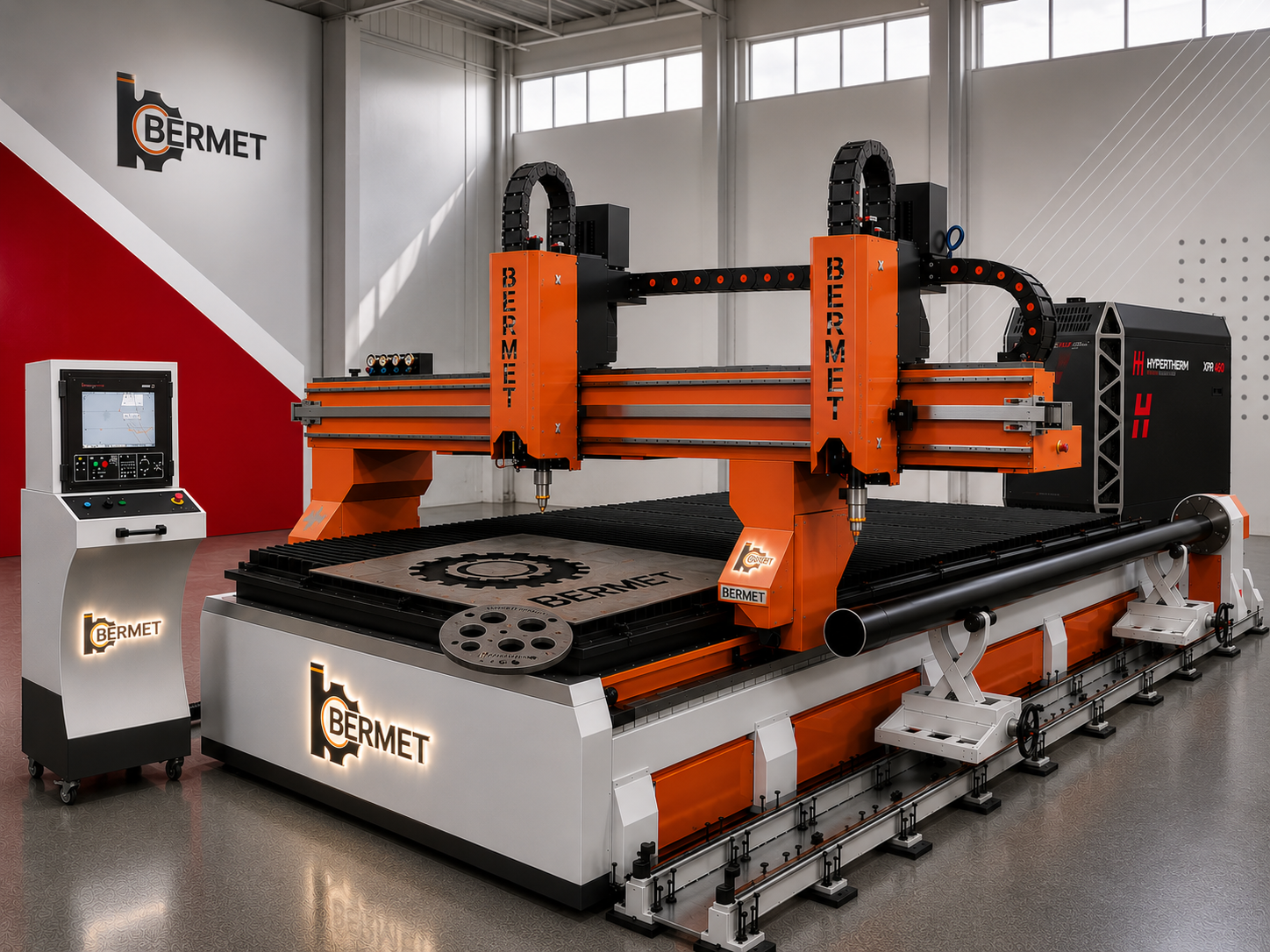 BERMET CNC plazmavágó gép Hypertherm plazmaforrással, ipari vágóasztallal